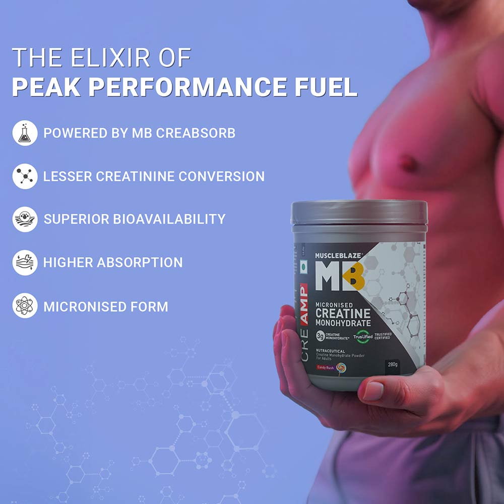 MuscleBlaze Creatine Monohydrate CreAMP, 320 g (0.71 lb), Candy Rush