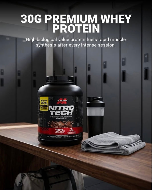 Muscletech Whey Protein Powder (Milk Chocolate, 4 Pound) - Nitro-Tech Ultimate Muscle Building Formula with Whey Protein Isolate - 30g of Protein, 3g of Creatine & 6.8g of BCAA - Packaging May Vary