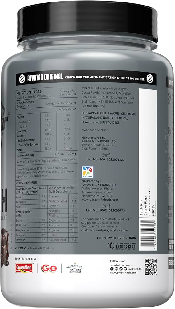 avvatar ISORICH WHEY PROTEIN | 1Kg | Belgian Chocolate Flavour | 28g Protein | 29 Servings | Isolate